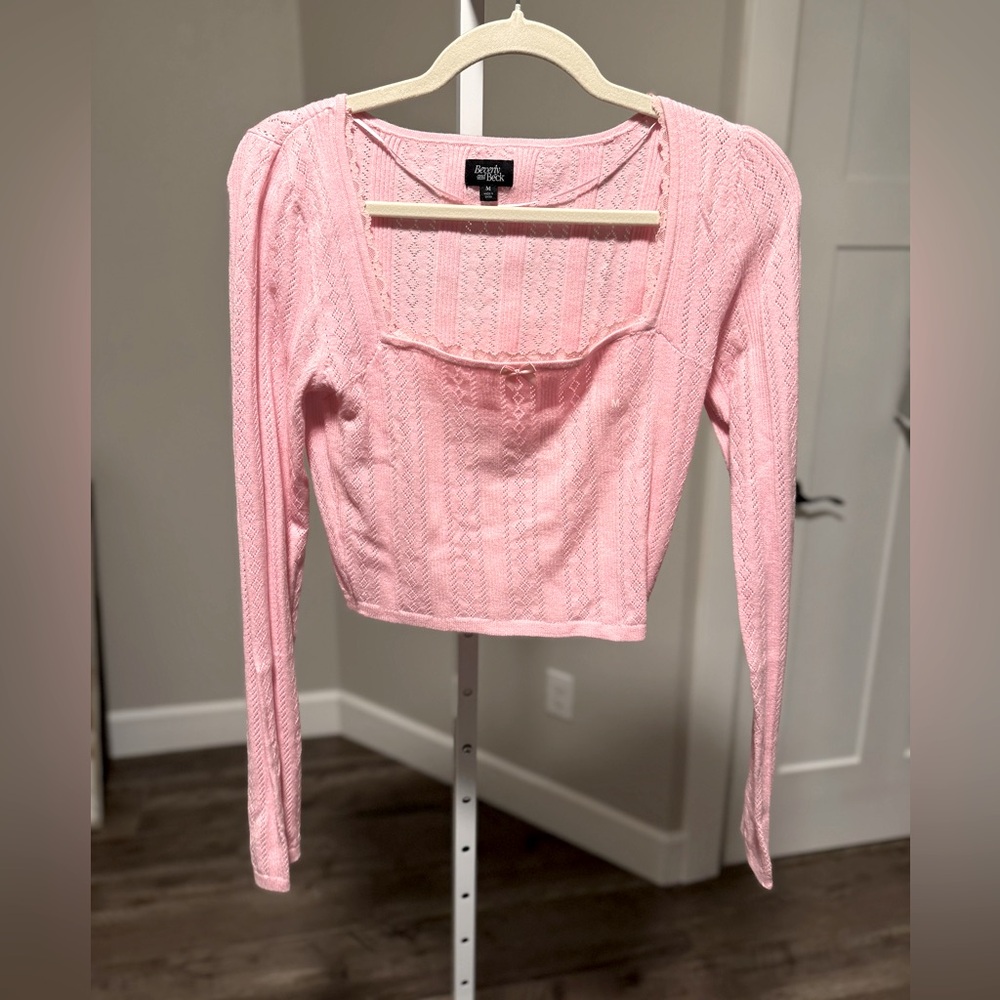 Beverly and Beck Zinnia Pink Pointelle Square Neck Lace Trim Cropped Long Sleeve